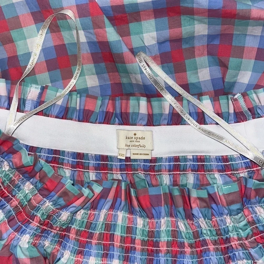 Kate Spade Madras Off Shoulder Top Blouse 3/4 Sleeve Pink Blue Gingham XXS
